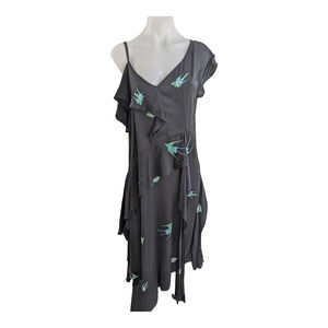 Diane von Furstenberg (DVF) Size 6 Asymmetrical Ruffle Bird Shift Dress Black